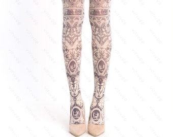 Elegant tights for women with antigue print, lolitafashion accessories, ivory plus size lolita clothing for costume and cosplay