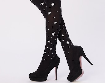 Sparkling star tights for women with silver gold print, celestial black opaque pantyhose for Christmas, plus size clothing, witchy fashion