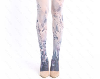 Blue floral tights for brides bridesmaids, cold flower printed clothing for wedding, beautiful natural fashion, semi-opaque pantyhose