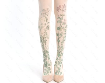 Meadow floral tights for women, nature lover girl clothing, cottagecore outfit, printed wedding accessory for brides bridesmaids