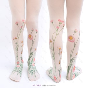 Floral tights for girls, cottagecore spring meadow flower patterned pantyhose vintage weddign outfit 4-12 YEARS old kids bridesmaids
