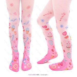 May include: Pink tights with a candy-themed print. The print features doughnuts, cupcakes, ice cream cones, candy canes, hearts, and bows. The tights have a gradient effect, fading from a darker pink at the top to a lighter pink at the bottom.