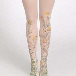 Yellow meadow floral tights for women, nature lover girl clothing, cottagecore outfit, printed wedding accessory for brides bridesmaids image 3