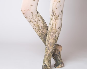 Foto style meadow field tights for women, nature lover girl clothing, cottagecore outfit, flower photo spring summer pantyhose