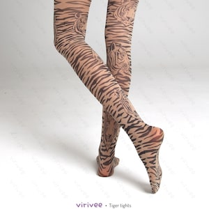 Tiger tights, animal print clothing, tigre pattern fashion, fancy safari striped printed brown semi-opaque material