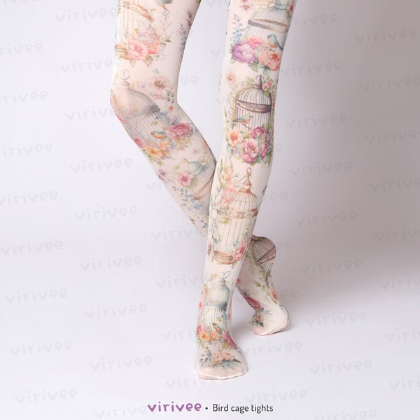 Bird cage pastel lolita tights with flowers, nature lover girl clothing, cottagecore floral printed pastel outfit for wedding