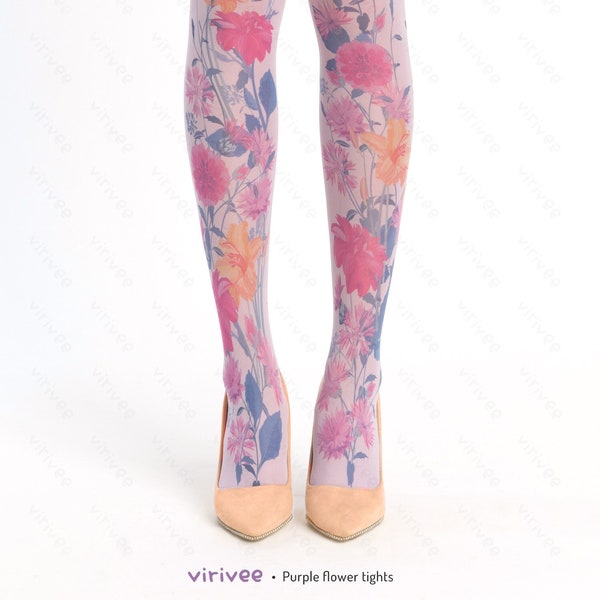 Vintage style purple floral tights, printed wedding tights for brides and bridesmaids, nature lover girl clothing