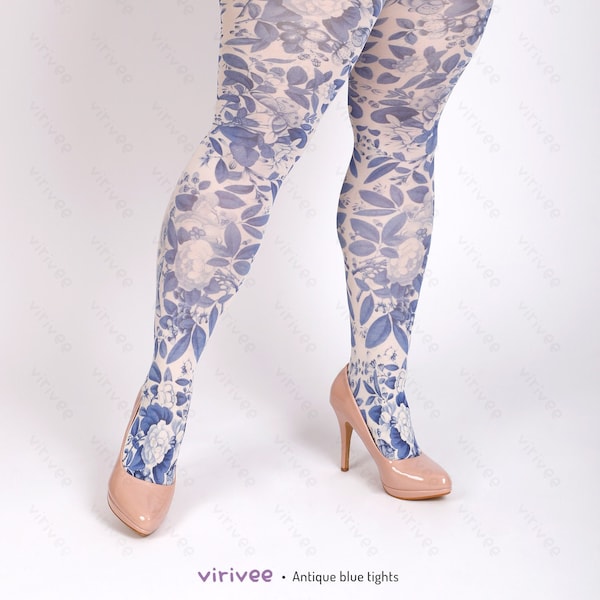 Plus size blue floral tights, nature lover girl clothing, flower printed pantyhose, sweet lolita clothing, lolitafashion accessories