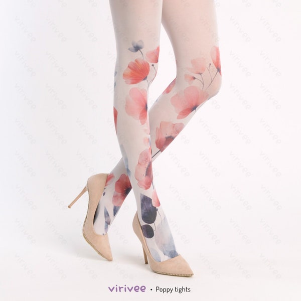 Poppy tights for brides bridesmaids, plus size floral printed for wedding, beautiful floral fashion, semi-opaque printed tights for women