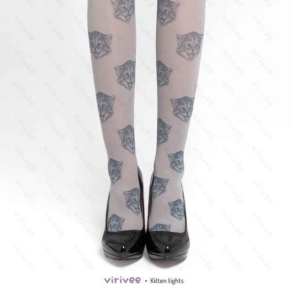 Kitten tights for women, cute gift for cat lovers, funny meme pattern on grey semi-opaque clothing