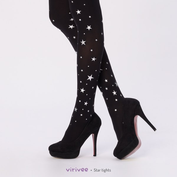 Sparkling star tights for women with silver gold print, celestial black opaque pantyhose for Christmas, plus size clothing, witchy fashion