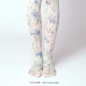 Blue meadow floral tights for women, nature lover girl clothing, cottagecore outfit, printed wedding accessory for brides bridesmaids