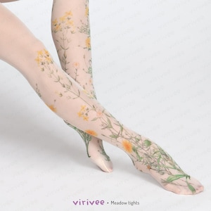 Yellow meadow floral tights for women, nature lover girl clothing, cottagecore outfit, printed wedding accessory for brides bridesmaids image 2