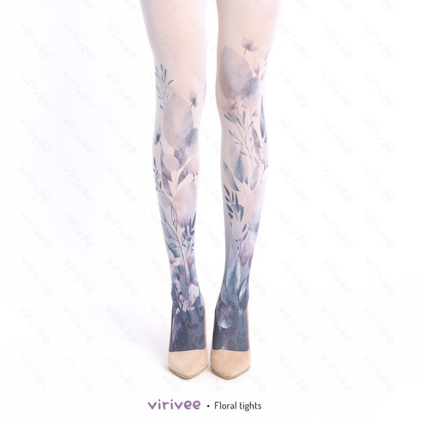 Blue floral tights for brides bridesmaids, cold flower printed clothing for wedding, beautiful natural fashion, semi-opaque pantyhose