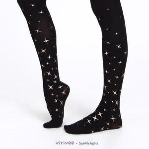 Plus size sparkling star tights with GLOSSY gold print, black opaque pantyhose for Christmas party glam outfit clothing