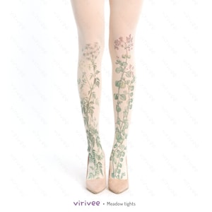 Meadow floral tights for women, nature lover girl clothing, cottagecore outfit, printed wedding accessory for brides bridesmaids