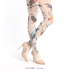 Bird illustration tights, opaque best quality pantyhose with printed bird pattern, boho art fashion for nature lovers, cream tights