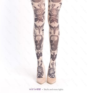 Gothic tights, skull bat moth pattern on black semi-opaque goth tights for women, alternative pagan clothing