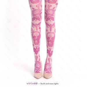 Pastel gothic tights, skull bat moth goth pattern on pink semi-opaque tights for women, alternative grounge pagan clothing