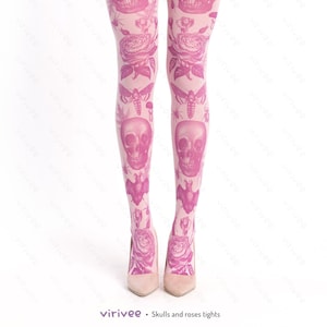 Pastel gothic tights, skull bat moth goth pattern on pink semi-opaque tights for women, alternative grounge pagan clothing image 1