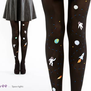 Space tights for women with astronaut print, geek gift for her, galaxy leggings with unique pattern image 1