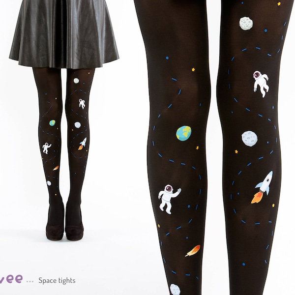 Space tights for women with astronaut print, geek gift for her, galaxy leggings with unique pattern