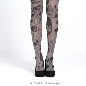 Mushroom crystal celestial tights, spiritual pattern on grey semi-opaque tights for women, alternative gothic witch pagan clothing