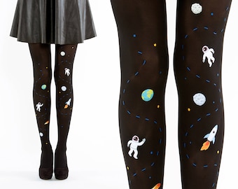 Space tights for women with astronaut print, geek gift for her, galaxy leggings with unique pattern