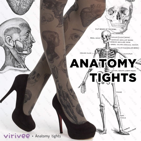 Human anatomy print gothic tights for women, medical student gift, biology leggings brain heart hand leg bone print, plus size goth clothing