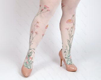 Plus size meadow floral tights, nature lover girl clothing, cottagecore outfit, flower printed pantyhose for brides bridesmaids for wedding