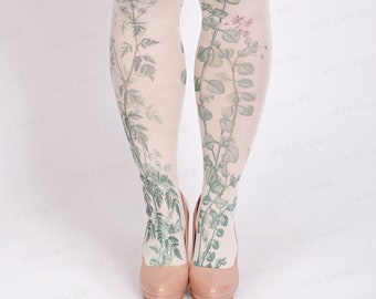 Plus size floral tights, nature lover girl clothing, cottagecore outfit, meadow flower printed pantyhose for brides bridesmaids for wedding