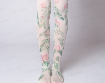 Wild rose tights for women, nature lover girl clothing, cottagecore pastel floral outfit, flower for brides bridesmaids wedding