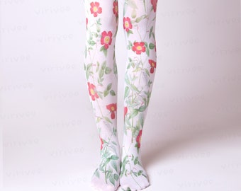 Red wild rose tights for women, nature lover girl clothing, floral outfit