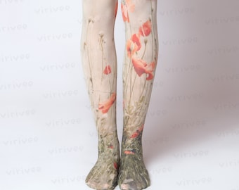 Poppy filed floral tights for women, nature lover girl clothing, cottagecore outfit, flower photo spring summer pantyhose