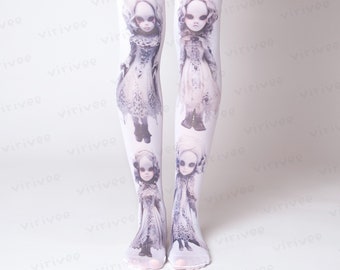 May include: White tights featuring a repeating graphic print of pale, gothic-style dolls wearing intricate dresses. The dolls are depicted in various poses across the legs, with the text "virivee • Doll tights" printed at the bottom center.