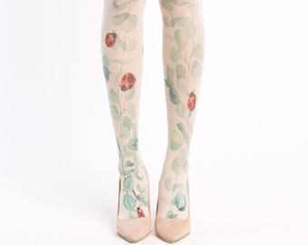 Ladybug and eucalyptus printed floral tights, wedding tights for brides and bridesmaids, natural clothing, cottagecore outfit
