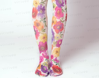 Magenta floral tights, printed wild flower patterned spring and summer pantyhose