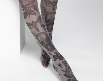 Gothic tights for women, skull bat moth pattern on black semi-opaque tights for women, alternative pagan clothing