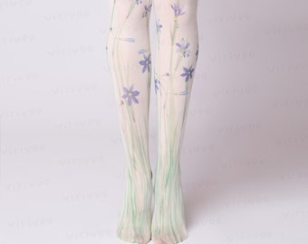 Blue grass floral tights for women, nature lover girl clothing, cottagecore outfit, flower for brides bridesmaids wedding