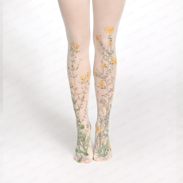 Yellow meadow floral tights for women, nature lover girl clothing, cottagecore outfit, printed wedding accessory for brides bridesmaids