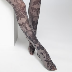 Gothic tights for women, skull bat moth pattern on black semi-opaque tights for women, alternative pagan clothing image 1