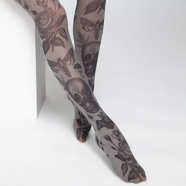 Gothic tights for women, skull bat moth pattern on black semi-opaque tights for women, alternative pagan clothing