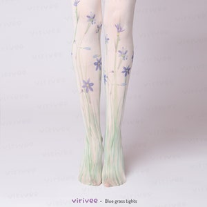 Blue grass floral tights for women, nature lover girl clothing, cottagecore outfit, flower for brides bridesmaids wedding zdjęcie 1