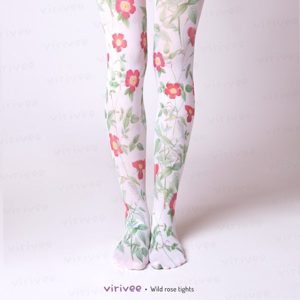 Red wild rose tights for women, nature lover girl clothing, floral outfit