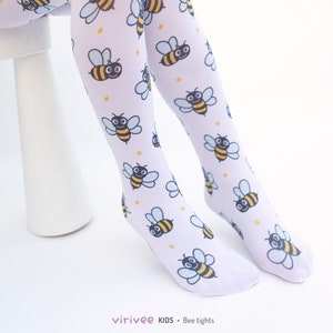 Bee tights for girls, printed bumblebee patterned pantyhose for birthday party outfit 4-12 YEARS old kids image 1