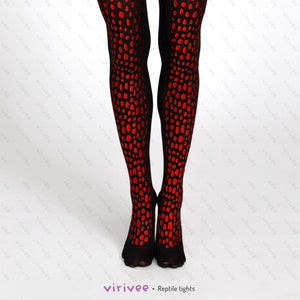 Meia-calça de réptil vermelho-preta, meia-calça preta com escamas de cobra vermelha para mulheres, meia-calça semi-opaca gótica alternativa gótica para o Halloween