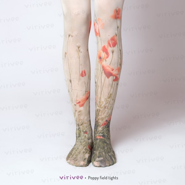 Poppy filed floral tights for women, nature lover girl clothing, cottagecore outfit, flower photo spring summer pantyhose