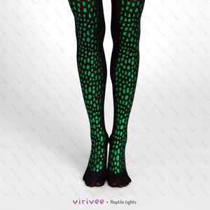 Green - black reptile tights, red snake scaled black tights for women, goth alternative fashion gothic semi-opaque pantyhose for Halloween