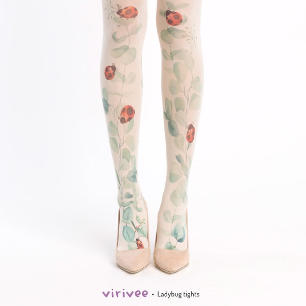 Ladybug and eucalyptus printed floral tights, wedding tights for brides and bridesmaids, natural clothing, cottagecore outfit