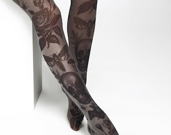 Gothic tights for women, skull bat moth pattern on black semi-opaque tights for women, alternative pagan clothing clothes